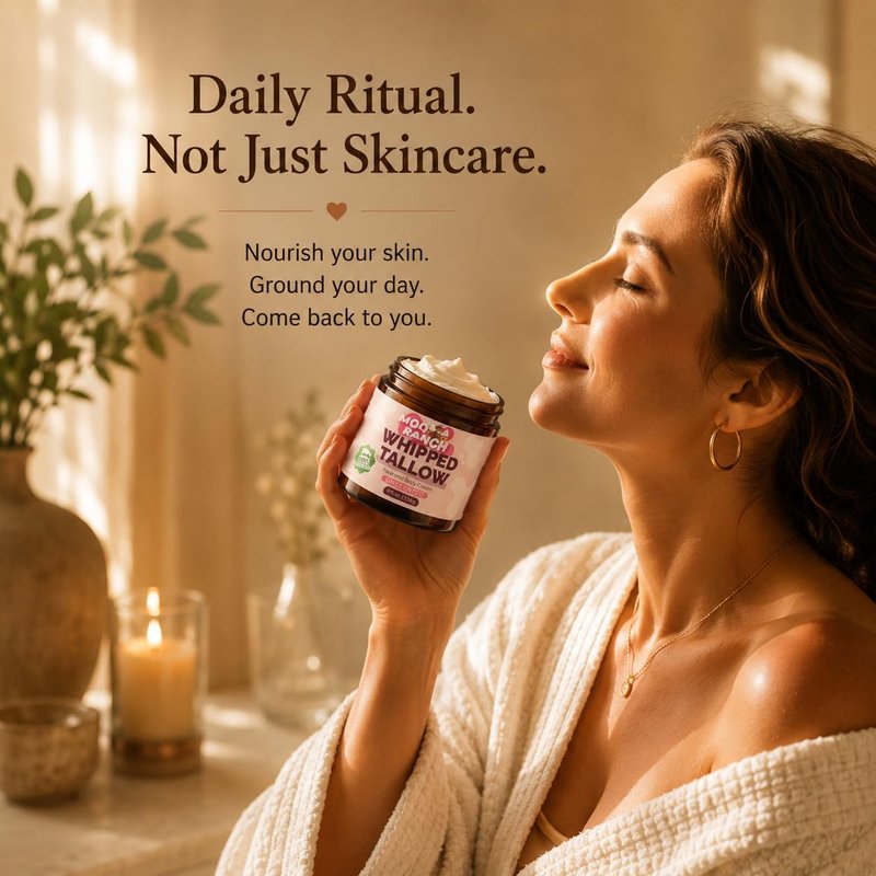 Moo Ranch Whipped Beef Tallow for Skin – Grass-Fed Tallow Balm Moisturizer with Jojoba Oil, Manuka Honey & Calendula – For Face, Lips, Hands & Body – For Dry or Sensitive Skin.