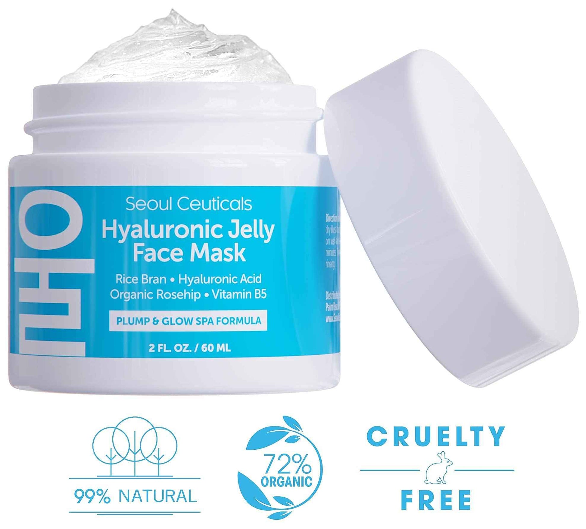 SeoulCeuticals Korean Skin Care Hyaluronic Acid Jelly Face Mask – Rice Bran + Vit B5 + Rosehip Anti Aging K Beauty Skincare for Plump Glowing Skin 2oz