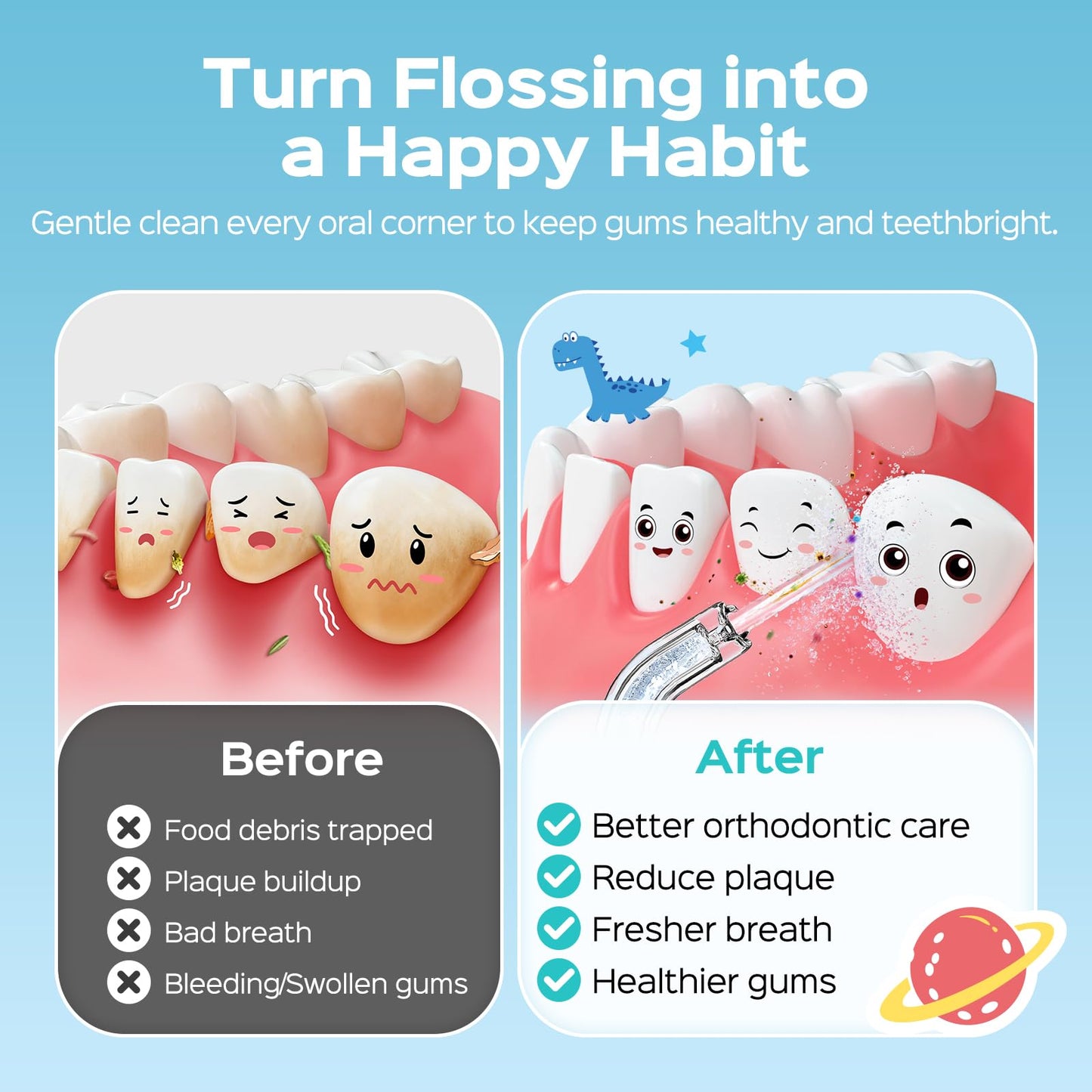 COSLUS T40 Portable Water Flosser for Kids: 4 Gentle Modes for Ages 6+, Braces & Sensitive Teeth - with Fun DIY Stickers, 4 Storable Nozzles, Mini Compact for Home School & Travel, BPA-Free, Blue