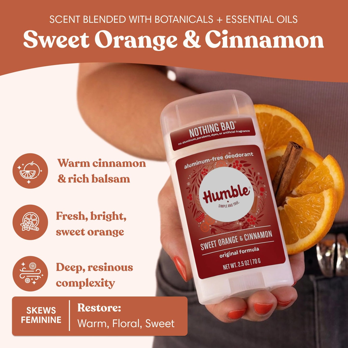 Humble Aluminum-Free Deodorant for Women & Men, Sweet Orange & Cinnamon - Clean & Fresh Natural Deodorant Stick with Essential Oils for Long-Lasting Odor Control - 1 Pack