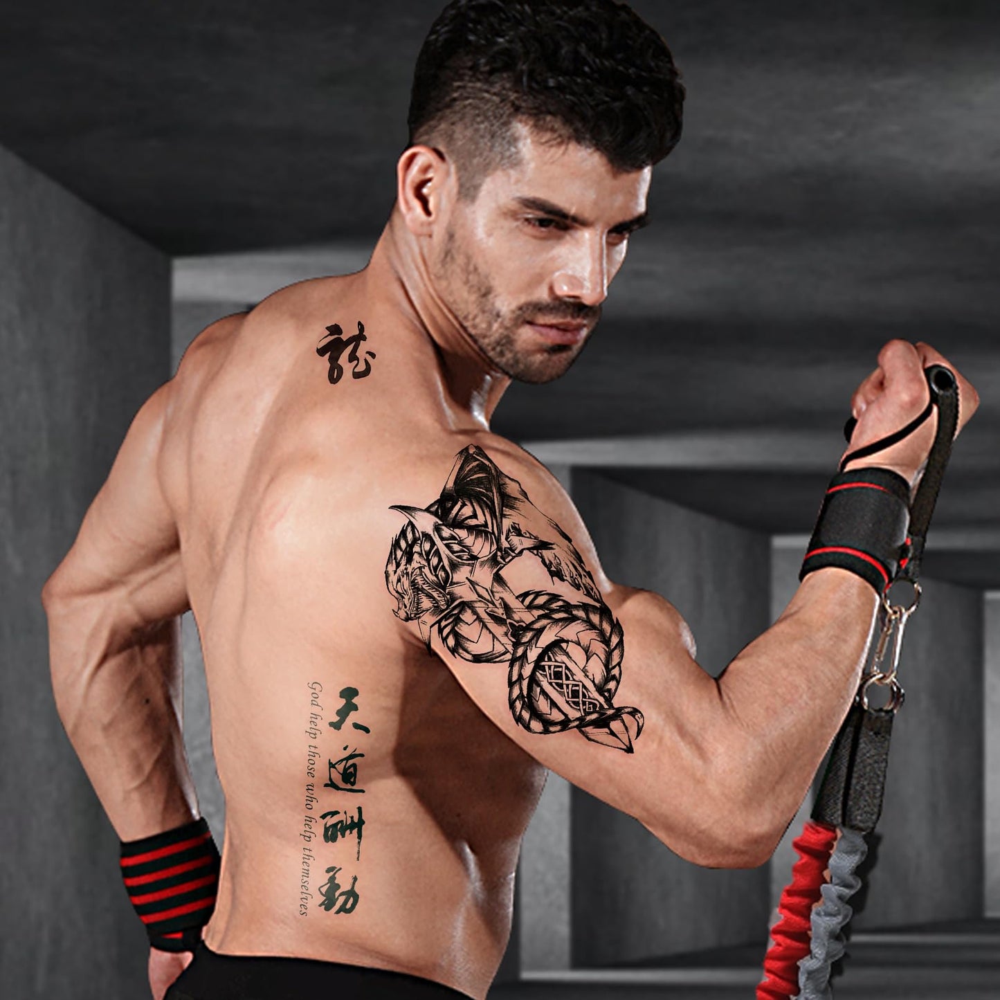 VERKSTAD Black Realistic Temporary Tattoos for Men Women, Waterproof Half Sleeve Fake Tattoos for Boys Girls, Warrior Wing Cross Dragon Letter Totem Tattoo Kits for Parties Festivals Cosplay