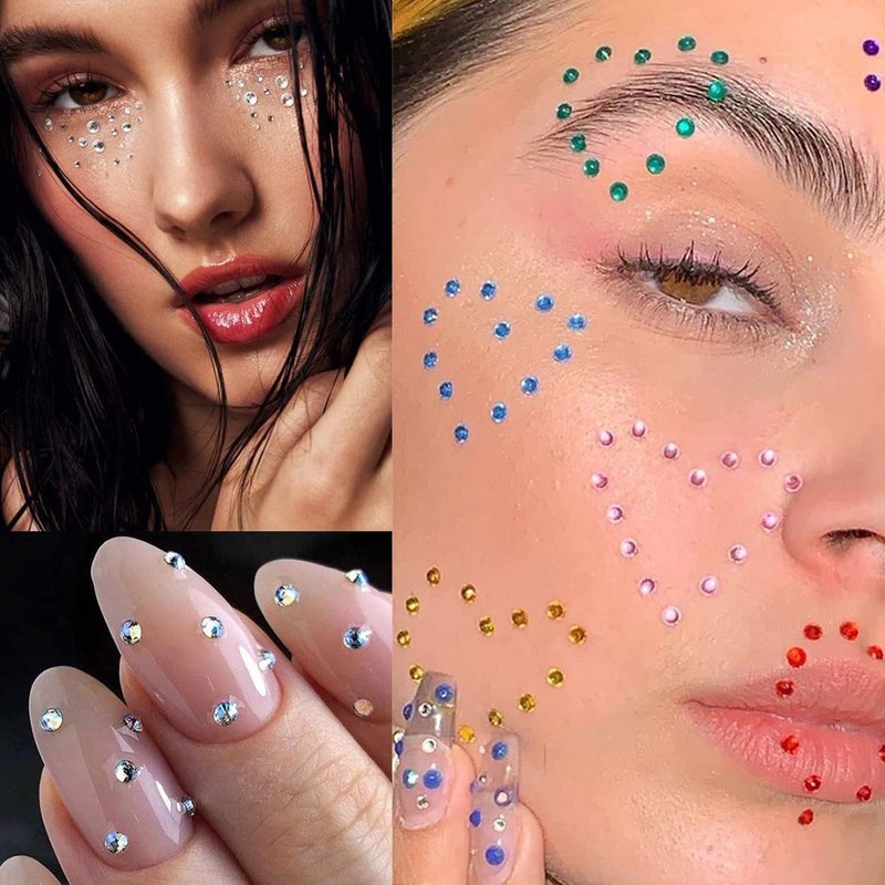 1100 Pcs 15 Colors Rainbow Rhinestones Self Adhesive Halloween Rhinestones for Makeup Eyes Face Jewels Body Gems Stick on Festival Accessories Costume Body Nail DIY Makeup 3mm 4mm 5mm…