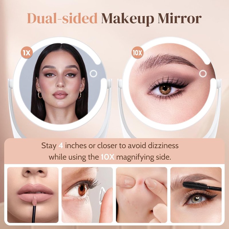 Vanity Magnifying Mirror - 10x Lighted Makeup Mirror with 3 Adjustable Brightness Settings | Rechargeable, Double-Sided, 360° Rotation