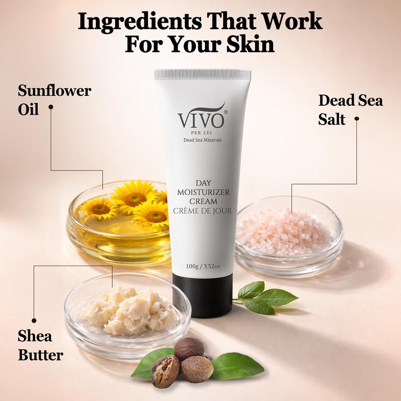 Vivo Per Lei Dead Sea Day Cream - Hydrating and Soothing - Contains Shea Butter - Anti Aging Moisturizer Face Cream for Women - Lightweight - Non Greasy - For Daily Use - 3.4 Fl Oz - Pack of 4