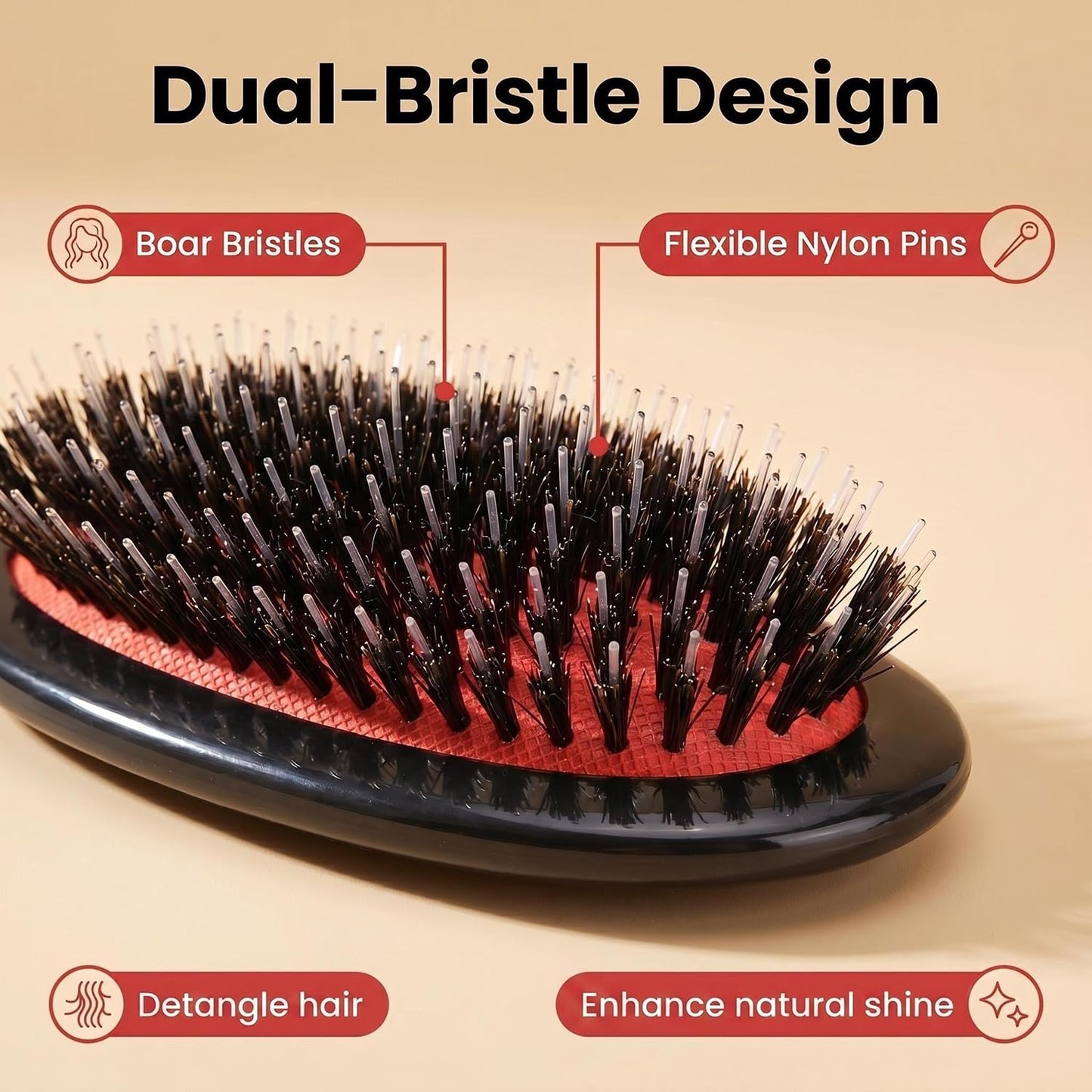 Morsafe Boar Bristle Hair Brush for Women Men Painless Detangling Paddle Brush for Curly Fine Tangled Hair, Anti-frizz Boar Nylon Bristle Cushioned Brush, Includes Cleaning Tool