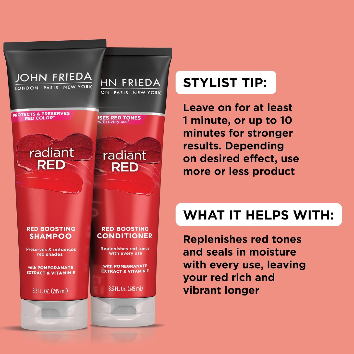 John Frieda Radiant Red, Red Boosting Shampoo, Enhances and Protects Red Tones with Pomegranate Extract and Vitamin E for Natural or Color-Treated Red Hair, 8.3 Oz