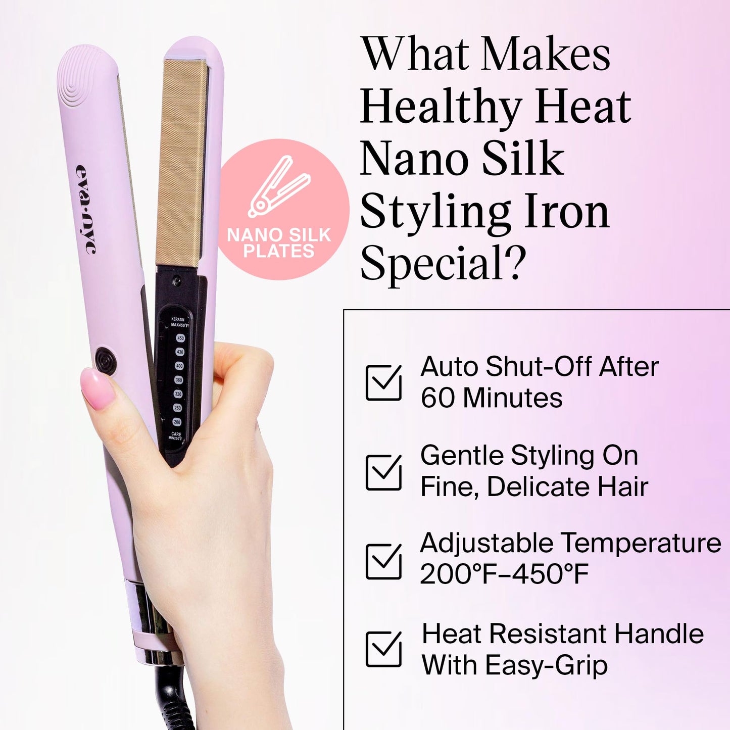 Eva NYC Healthy Heat Nano Silk Flat Iron - 1-Inch Lavender Hair Straightener with Curling Function, Ceramic Plates and Adjustable Temperature