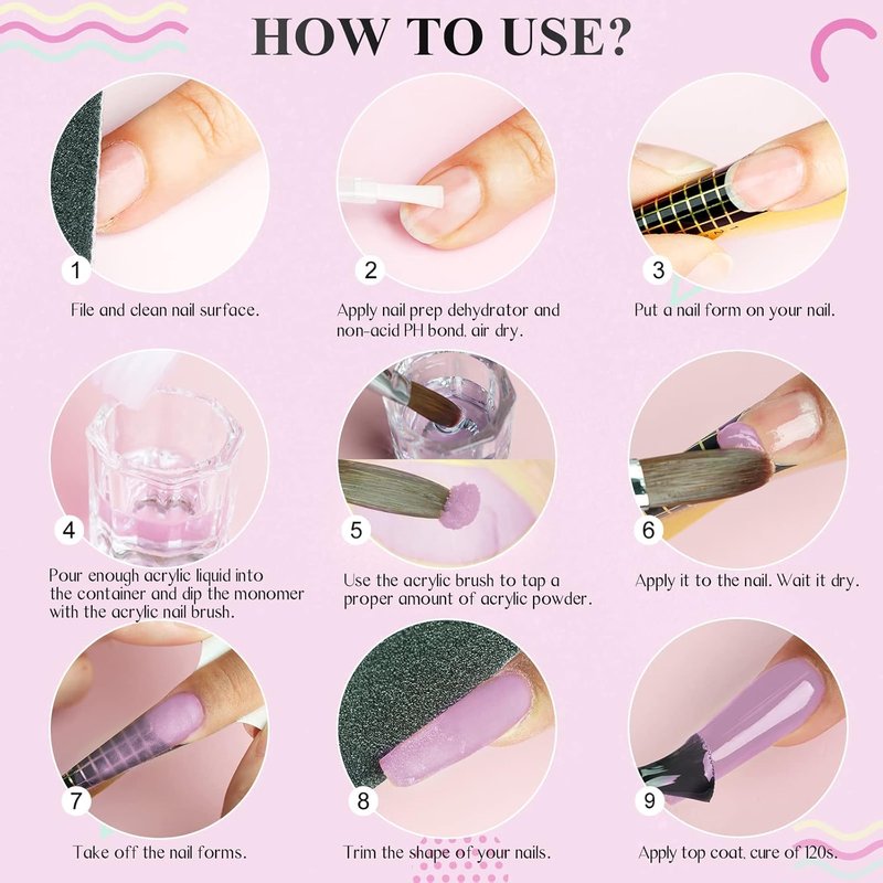 Acrylic Nail Starter Kit - Clear Pink Nude Powder & Liquid | Complete Home Practice Set with Brush, Files & Forms