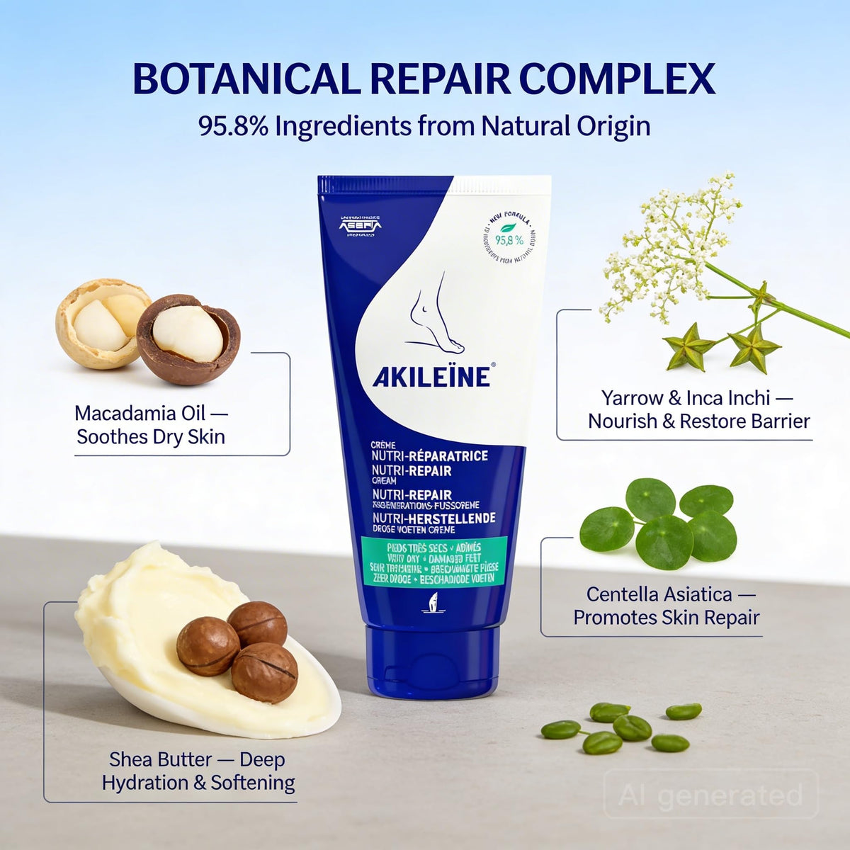 Akileine Nutri-Repair Shea Butter Foot Cream 100 ml - Deep Moisturization & Skin Repair for Dry Feet