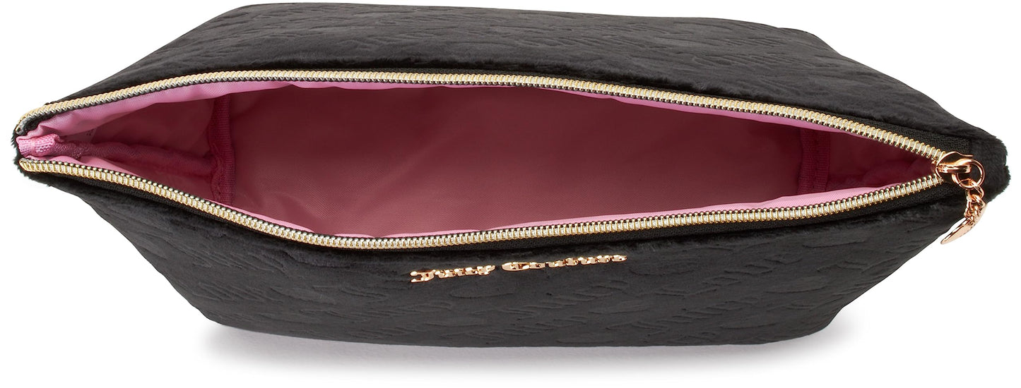 Juicy Couture Black Makeup Bag Cosmetics Organizer Travel Essentials Zip Top Wedge Velour Heart Love