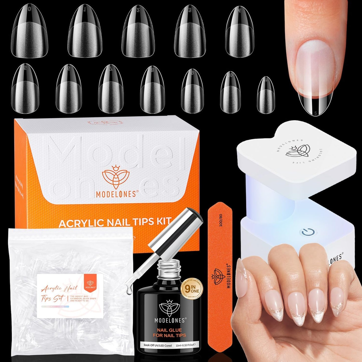 modelones X Nail Gel Kit Short Almond, 9-in-One Nail Glue UV Light