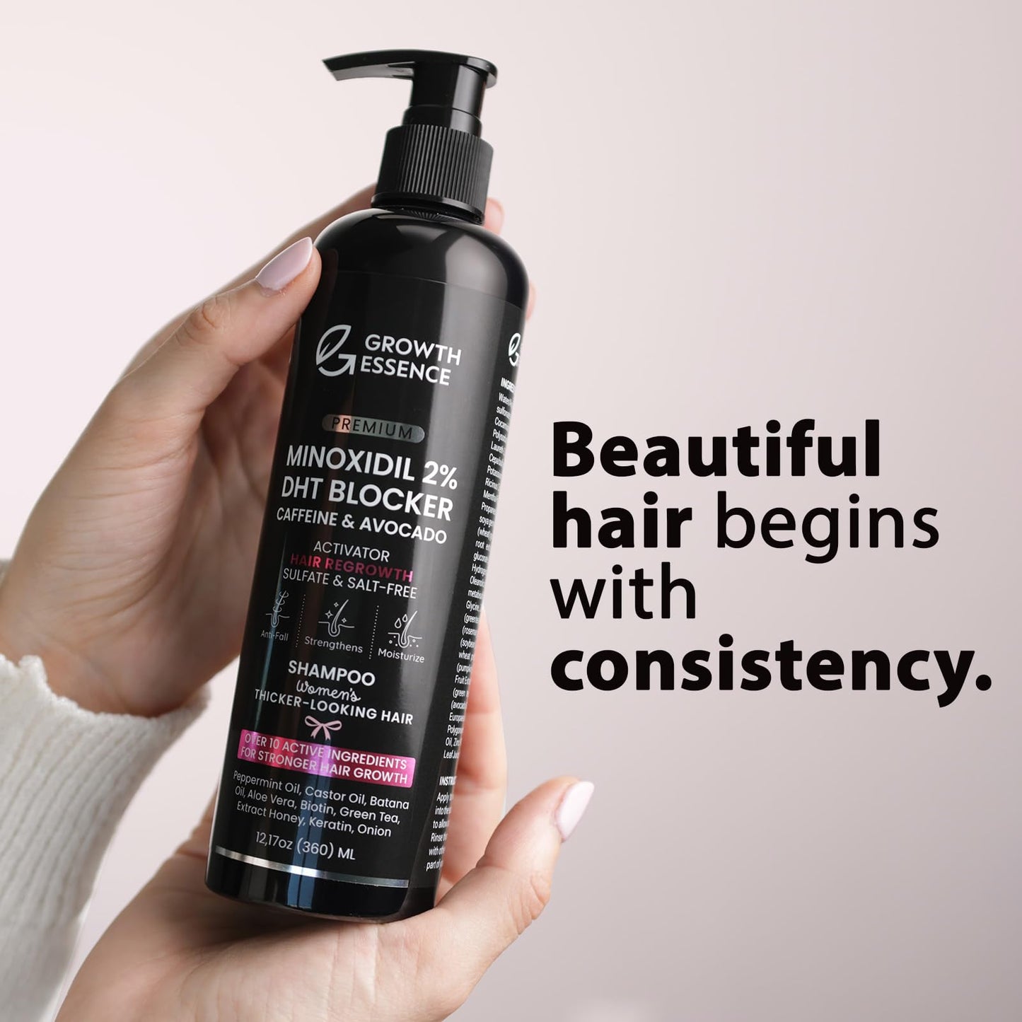 Minoxidil 2% Shampoo for Women – Growth Essence Premium, Hair Regrowth Shampoo with Biotin, Caffeine & DHT Blockers – Strengthening Formula with Keratin, Castor Oil, Green Tea & Rosemary