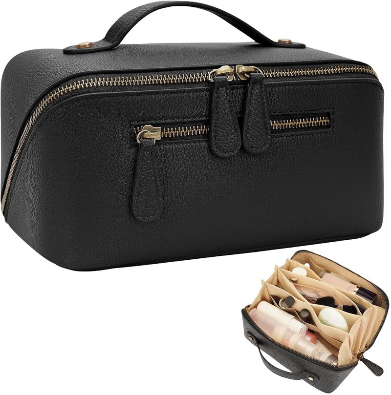 Travel Makeup Bag - Large Capacity Waterproof Cosmetic Organizer | Open Flat Design, Black, 3L