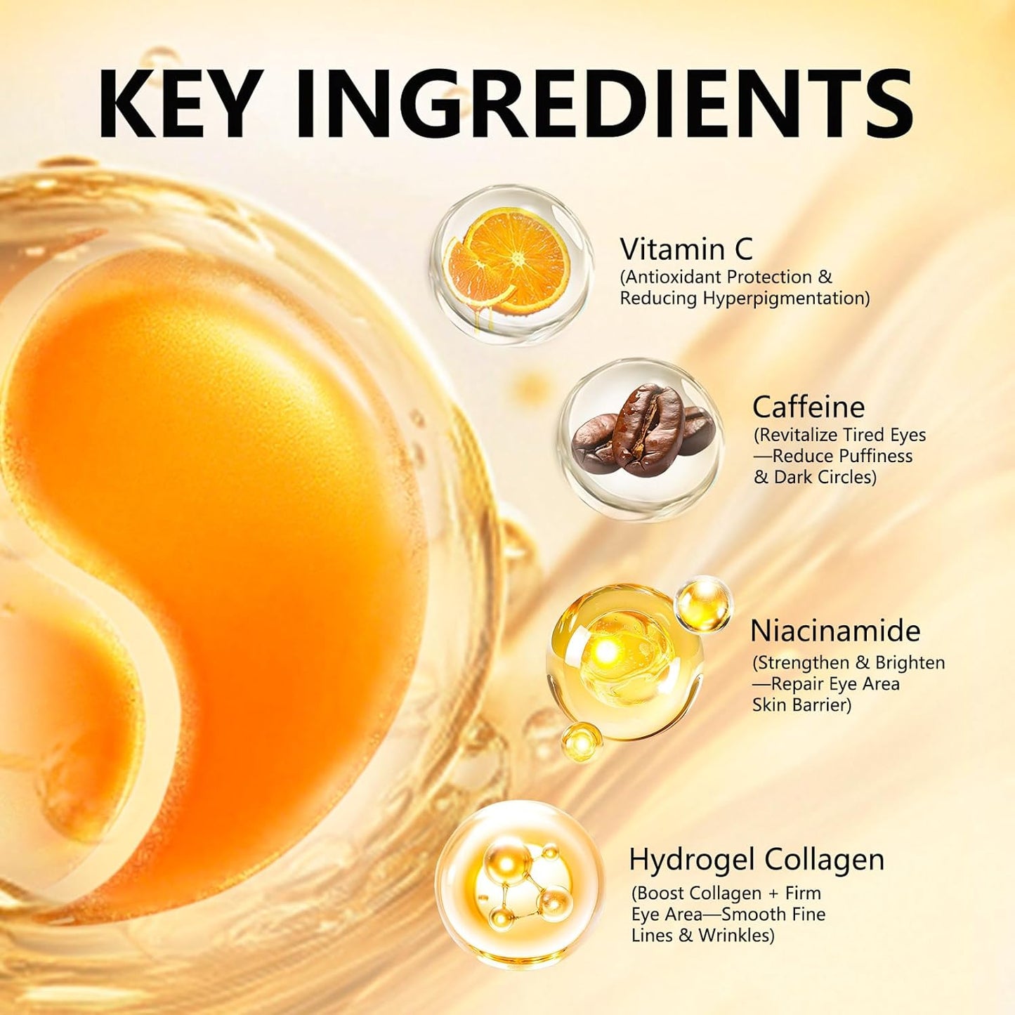 Under Eye Patches - Vitamin C & Caffeine Hydra-Gel for Dark Circles | 30 Pairs, Anti-Aging Care