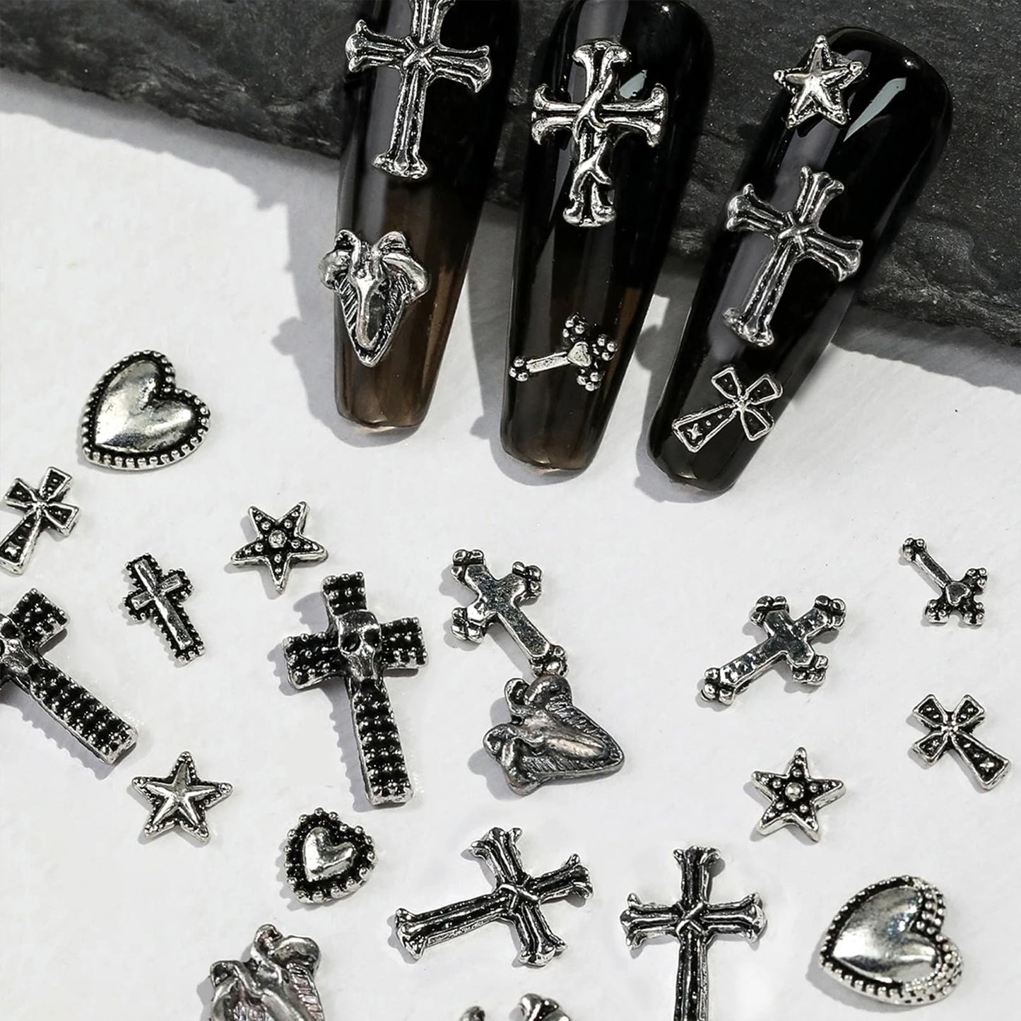 Cross Nail Charms,1Boxes 12Grids 3D Silver Goth Nail Gems,Vintage Metal Alloy Cross Star Heart Nail Charm Rhinestones Studs for Women Girls Manicure Design (B)