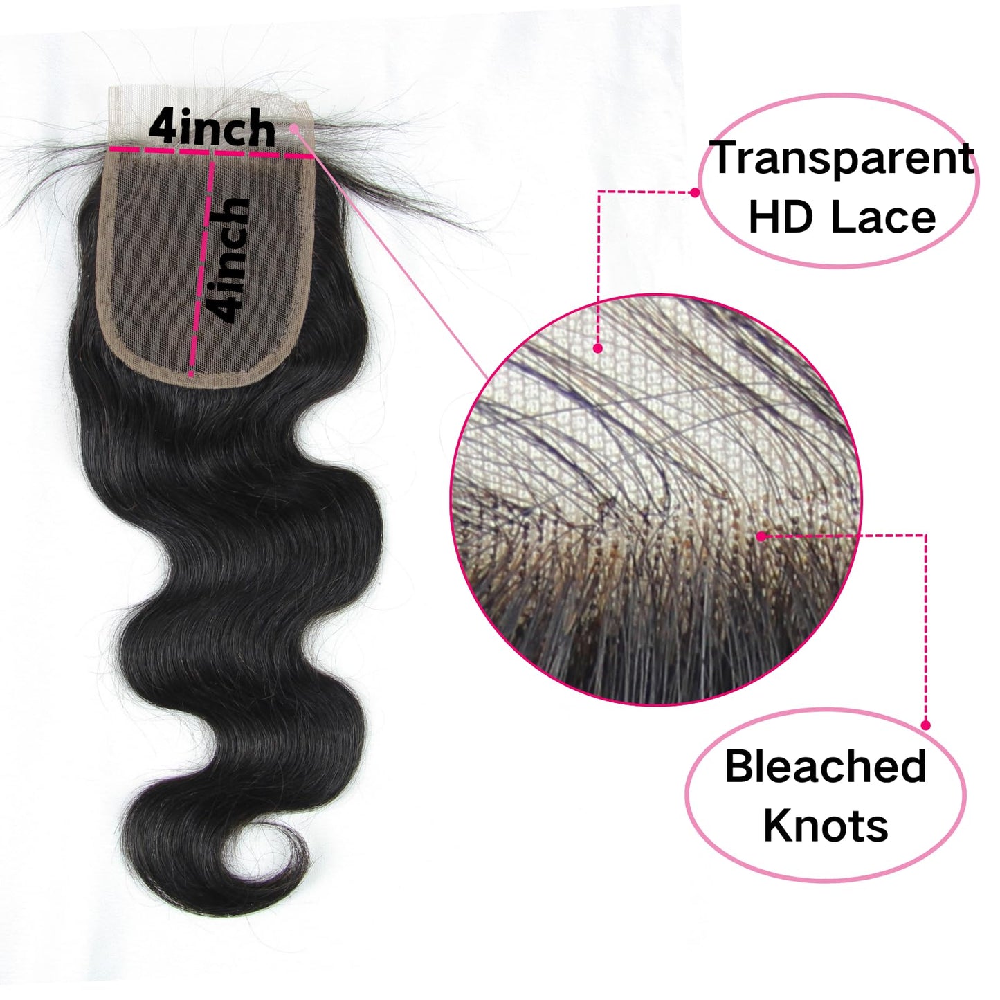 4x4 Lace Closure Body Wave - Transparent HD Free Part Invisible Lace Closure 100% Brazilian Virgin Human Hair Pre Plucked with Baby Hair Natural Black 12A Grade (18 Inch)