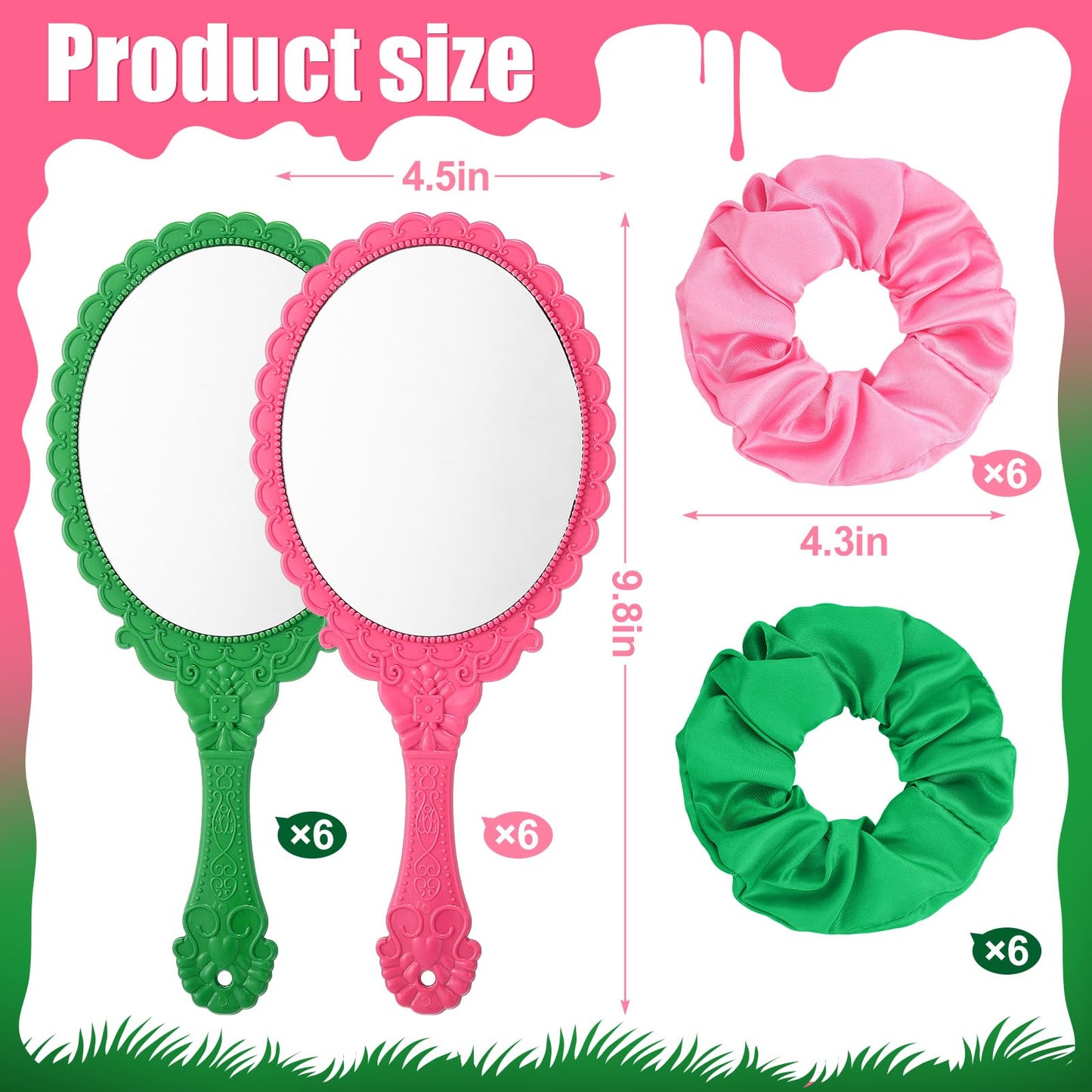 Qunclay 24 Pcs Pink and Green Witch Party Favors Pink & Green Handheld Mirrors with Hair Scrunchie Witch Merch Accessories Theme Birthday Party Decorations Gifts for Women BFF Movie Night Couples
