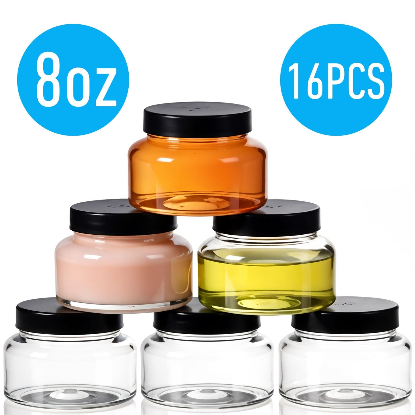 16 Pack 8 Oz Plastic Jars with Lids, Clear Body Scrub Containers Empty Refillable Containers Round Low Profile Samples Jars for Makeup, Body Butter, Creams, Slime, Travel Storage