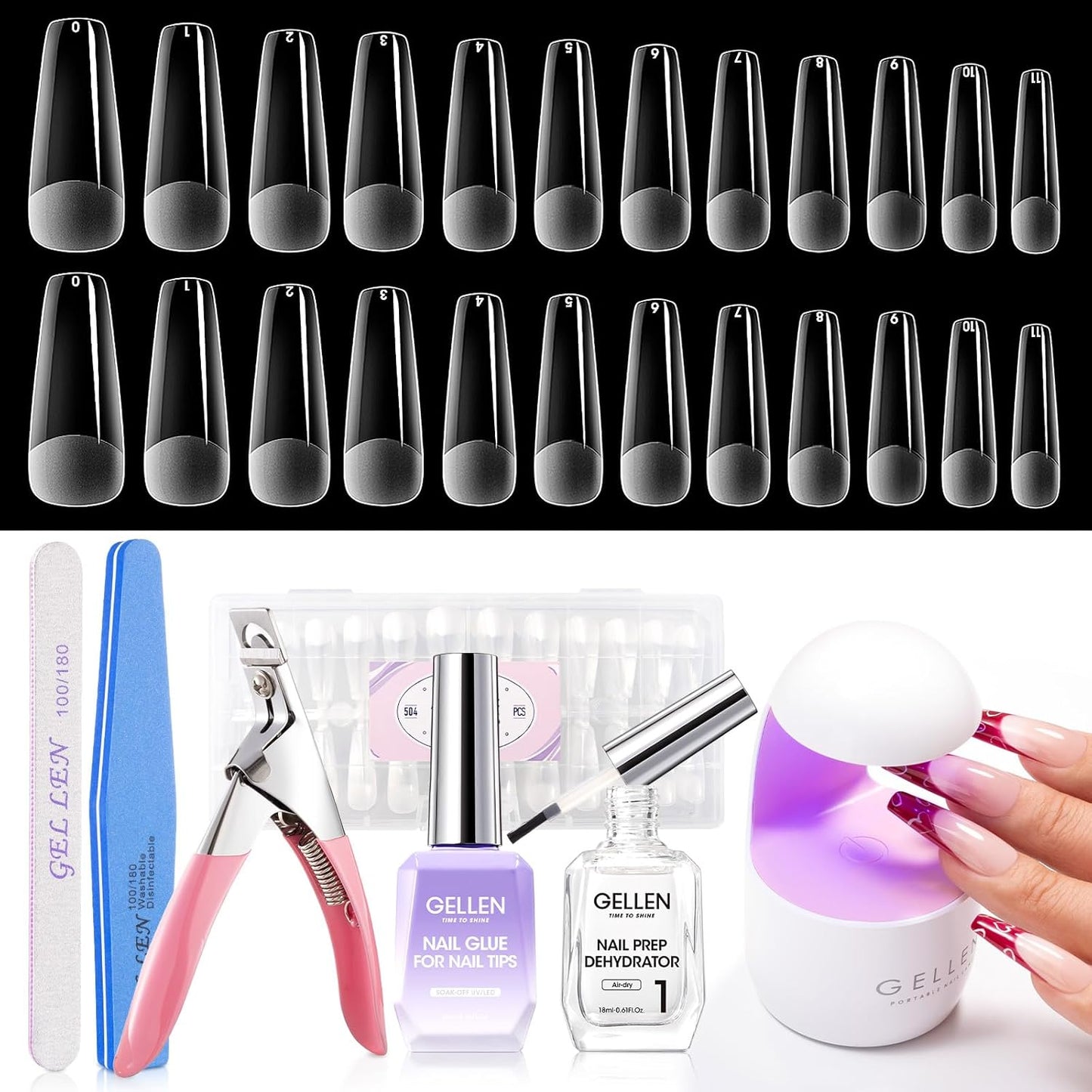 Coffin Shape Nail Tips Kit - 504Pcs Half Matte with 7 in 1 Gel Glue & UV Lamp | DIY Nail Art Set