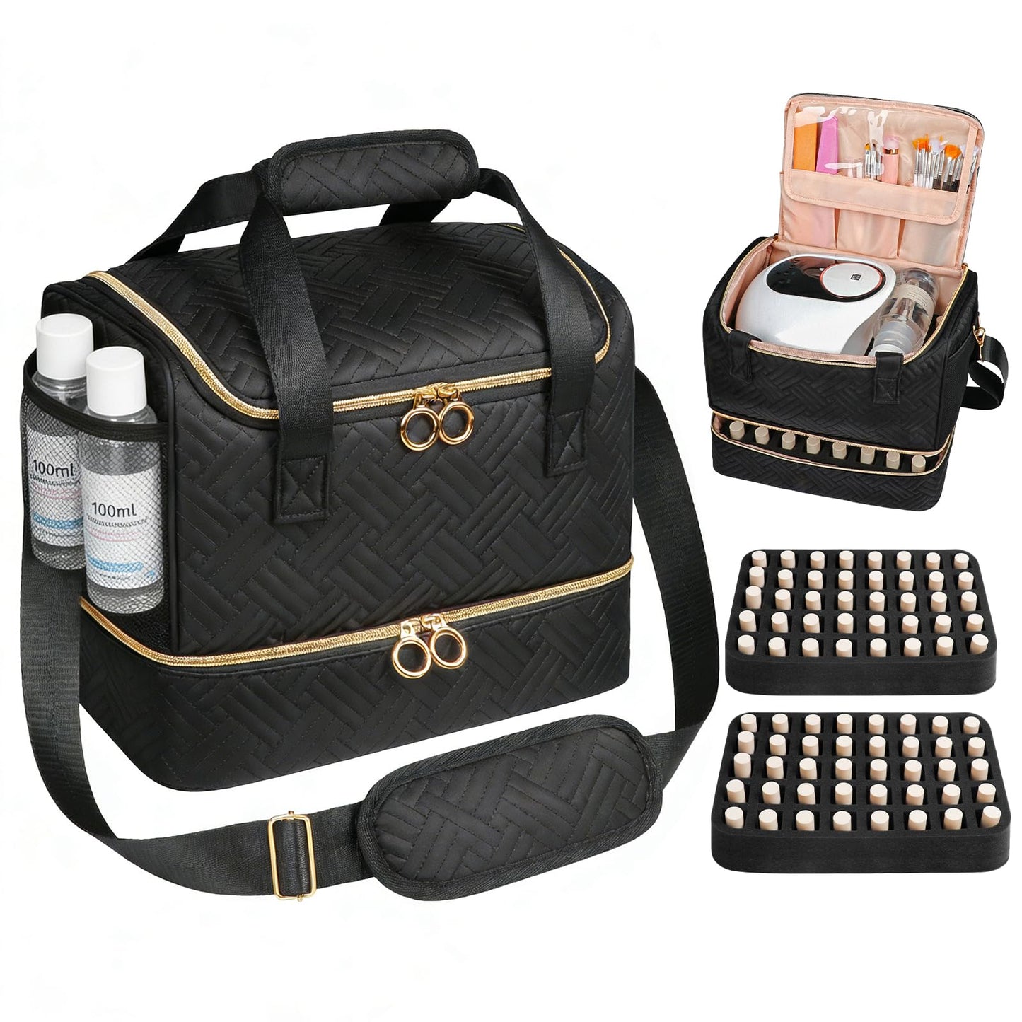 Veirdro Nail Polish Organizer Bag Holds 80 Bottles (15ml/0.5fl.oz)& Nail Lamp, Soft Velvet Nail Kit Storage Carrying Case with Shoulder Strap, Double Layer Nail Supplies Organizer Handbag Women Black