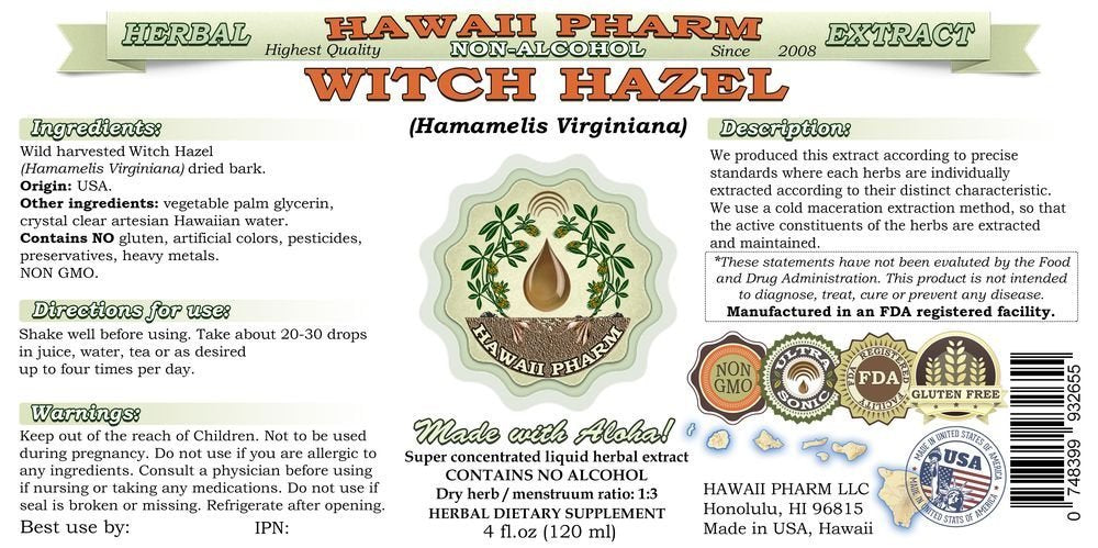 Hawaii Pharm Witch Hazel Alcohol-Free Liquid Extract, Witch Hazel (Hamamelis Virginiana) Bark Glycerite Natural Herbal Supplement, USA 4 fl.oz