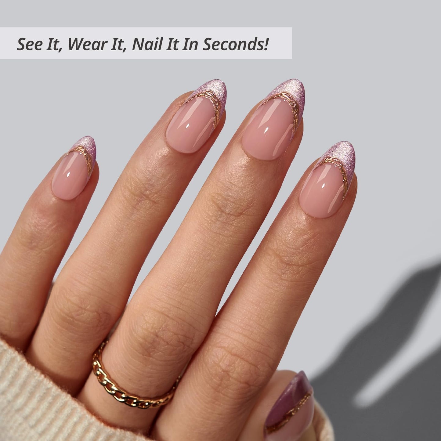 BTArtbox Press On Nails, Pink Aurora, Short Almond, Purple French Tip, 32Ct