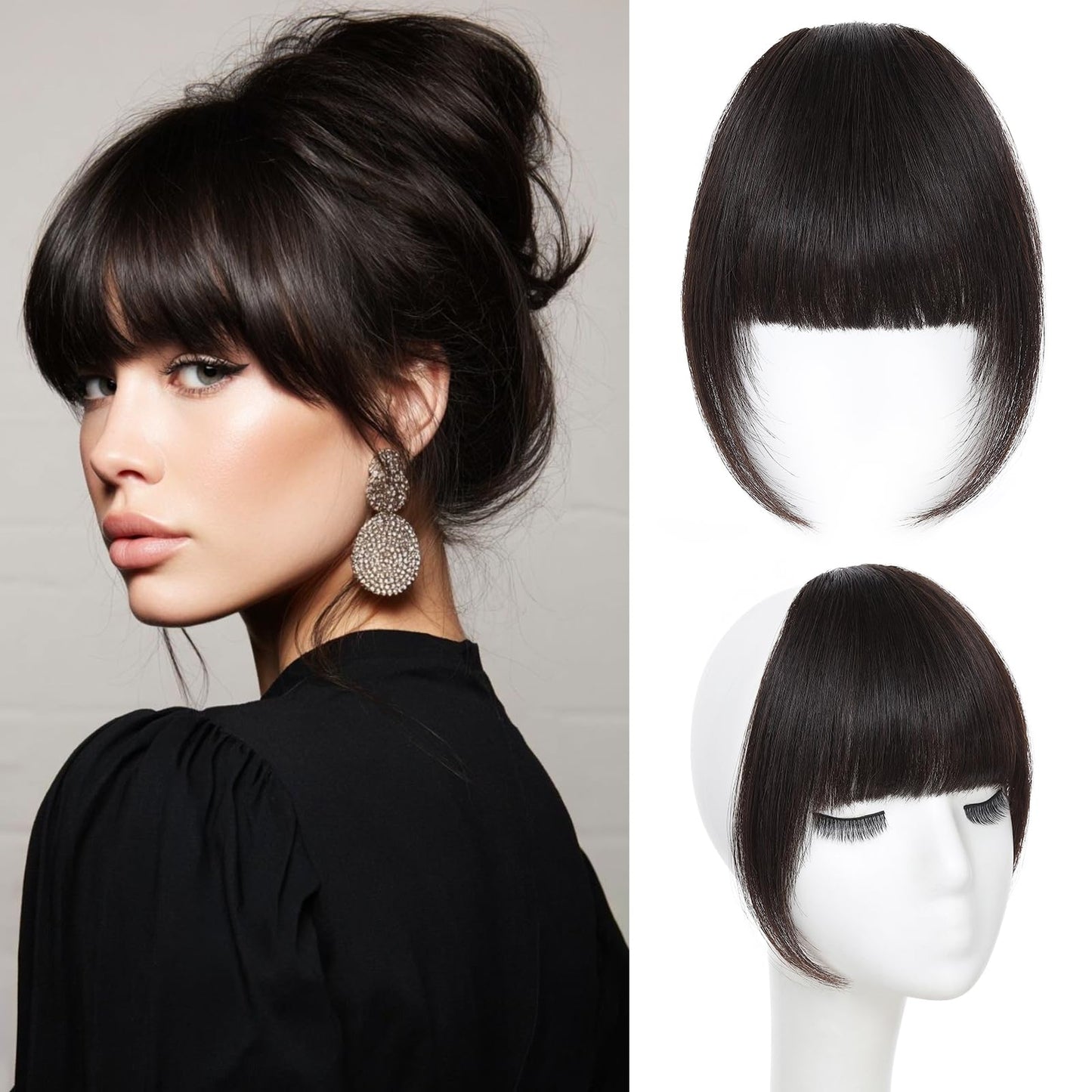 Niceone Hair Clip In Bangs for Women, Brown Black French Bangs Hair Clip with Temples, 100% Real Human Hair Layered Curved Fringe for Halloween and Daily Use(Brown Black, French Bangs)