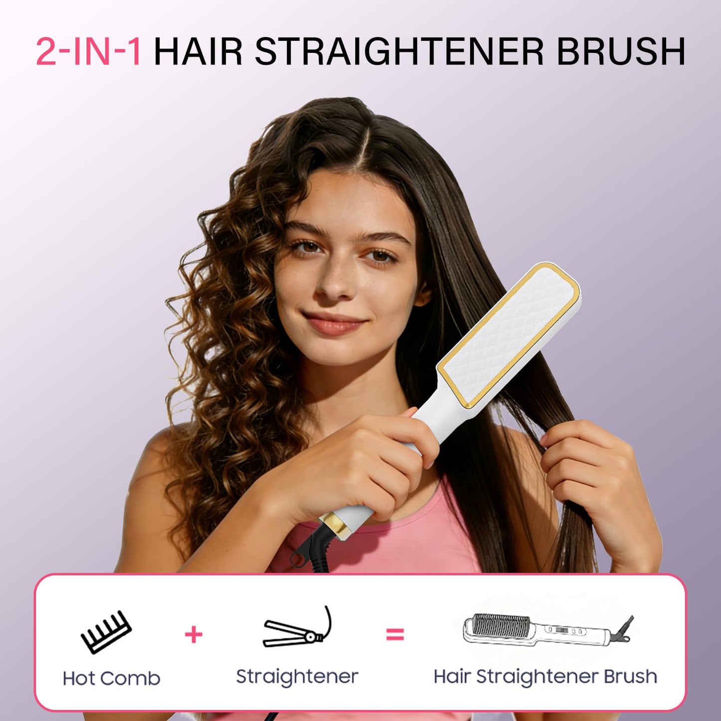 Hair Straightener Brush, Hair Straightening Iron with Built-in Comb, 4 Temp Settings & LED Display & Anti-Scald & Auto-Off Safety, Perfect for Fine, Soft Hair