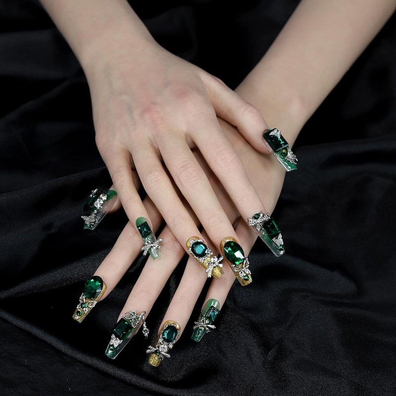 Emerald Green Press-On Nails Set - Dramatic Butterfly Design with Rhinestones | Easy Application & Gentle on Nails