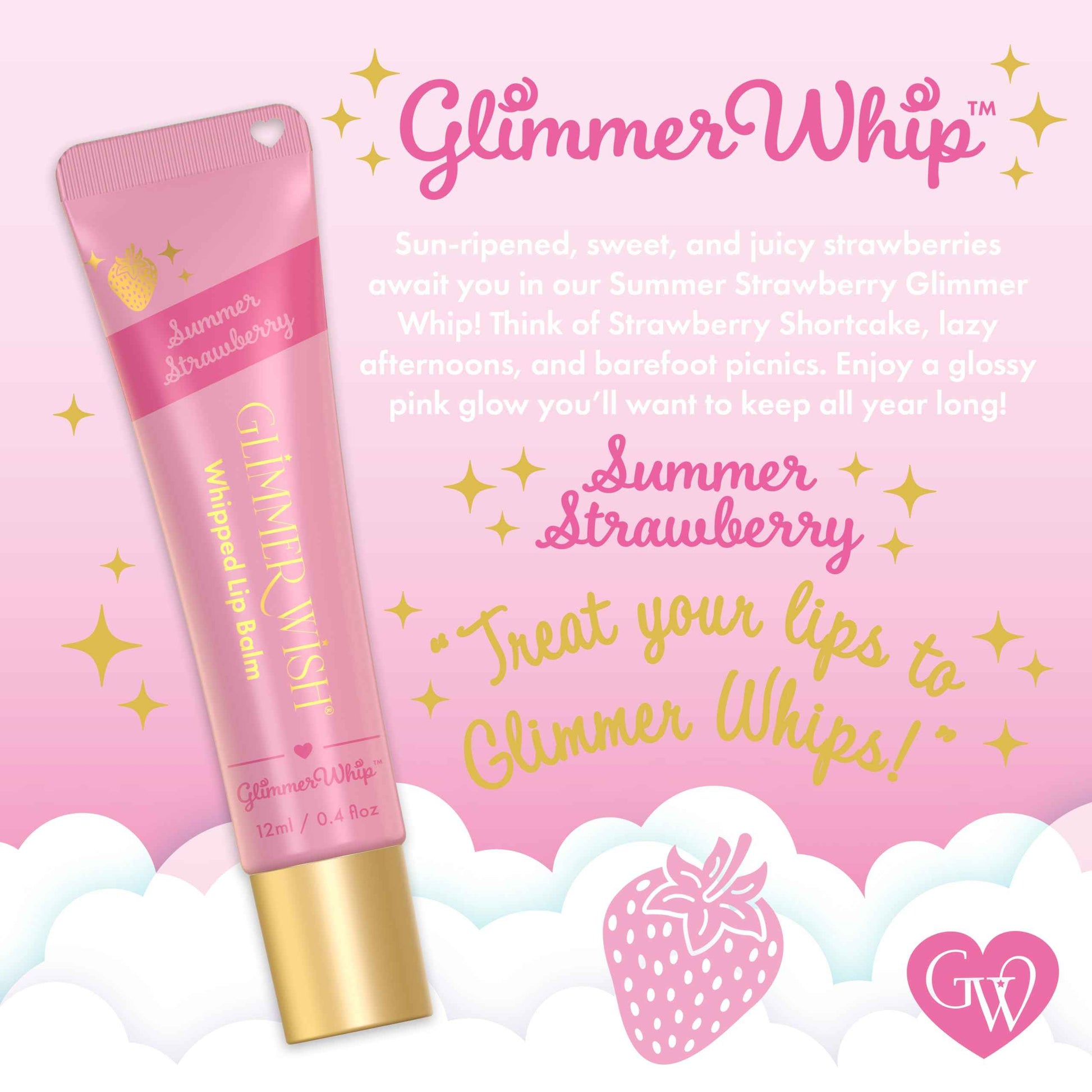 Glimmer Wish Glimmer Whip Hydrating Lip Balm – Organic Castor & Jojoba Oils, Shea & Cocoa Butters – Vegan, Non-Toxic, Moisturizing Lip Care (Summer Strawberry)