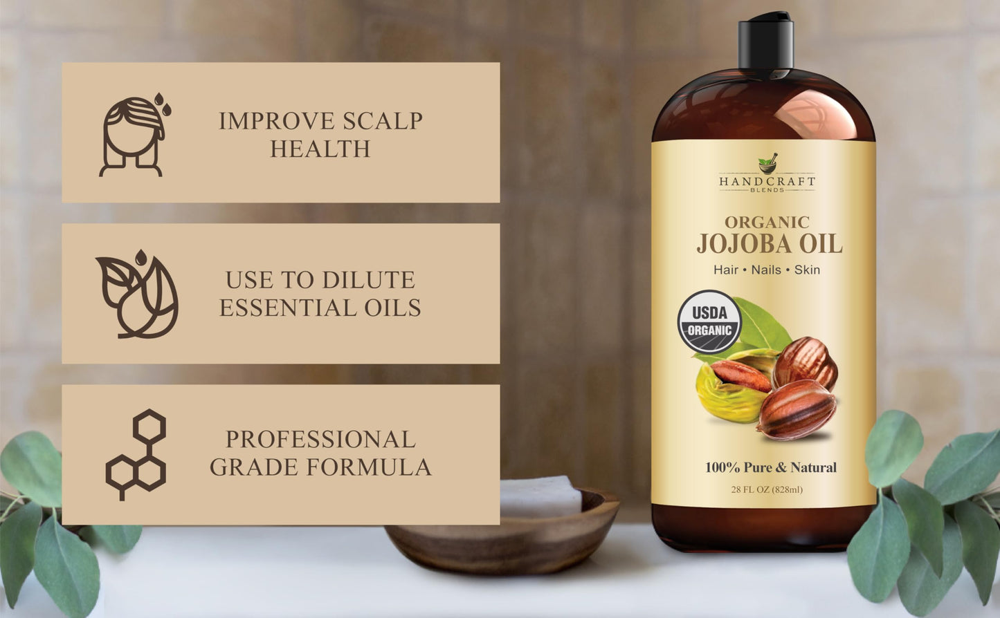 Handcraft Blends USDA Organic Jojoba Oil | Cold-Pressed | 28 Fl Oz | 100% Pure & Natural | for Hair, Skin & Face | Premium Grade Carrier Oil | for Massage & Aromatherapy | Hexane-Free