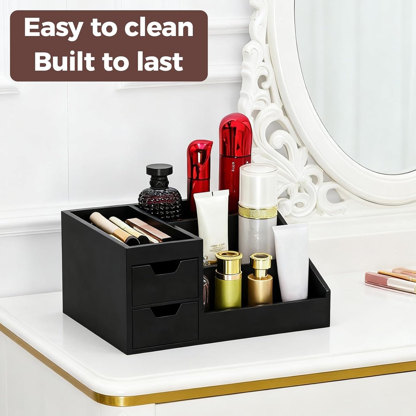 Perfume & Makeup Organizer - Wooden Countertop Rack for Cologne, Skincare & Dresser | Black, Medium Size