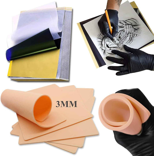 Combofix 25PCS Tattoo Skin with Transfer Paper Kit, Include 5PCS 3MM Blank Tattoo Practice Fake Skin and 20PCS Transfer Paper for Beginners & Artists Tattooing Supplies