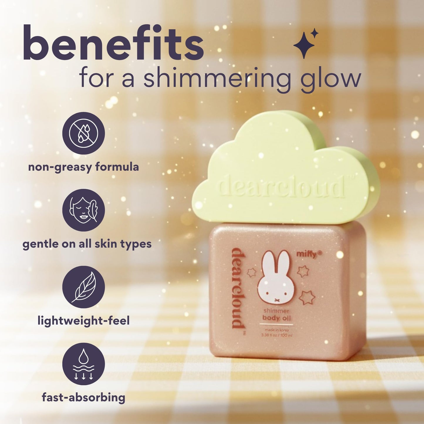 dearcloud Miffy Shimmer Body Oil – Hydrating Body Oil with Vitamin E & Squalane for a fresh, shimmering glow (3.38 fl oz)
