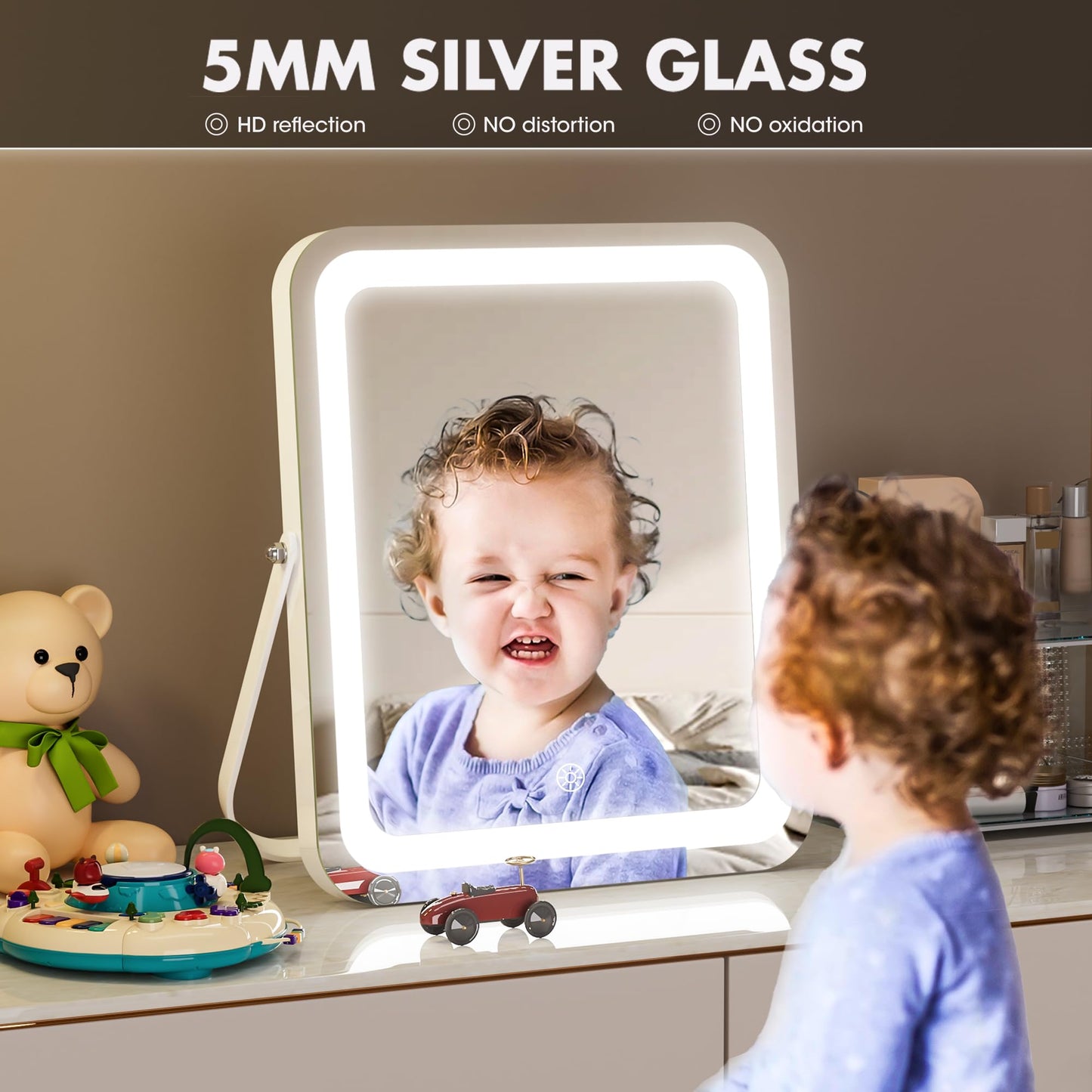 Hasipu Vanity Mirror with Lights, 14" x 11" LED Makeup Mirror, 3 Modes Light, Smart Touch Control Dimmable, 360°Rotation, Rectangle White Frame, with 5X Magnifying Glass
