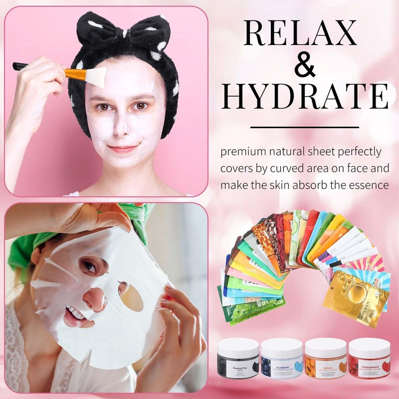 Viozakanry 96 Pcs Face Mask Set Hydrating Clean Suitable for Sensitive Skin, Including 30 Peel-off Facial Masks, 4 Clay Masks, 60 Pairs of Under-eye Patches, a Mask Brush, and a Face-washing Headband