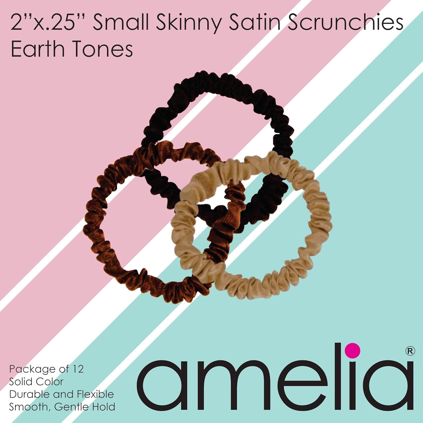 Amelia Beauty, Black, Skinny Satin Scrunchies, 12 Pack – 2in Diameter, Gentle & Strong Hold, No-Snag, No-Dent, Crease-Free Hair Ties