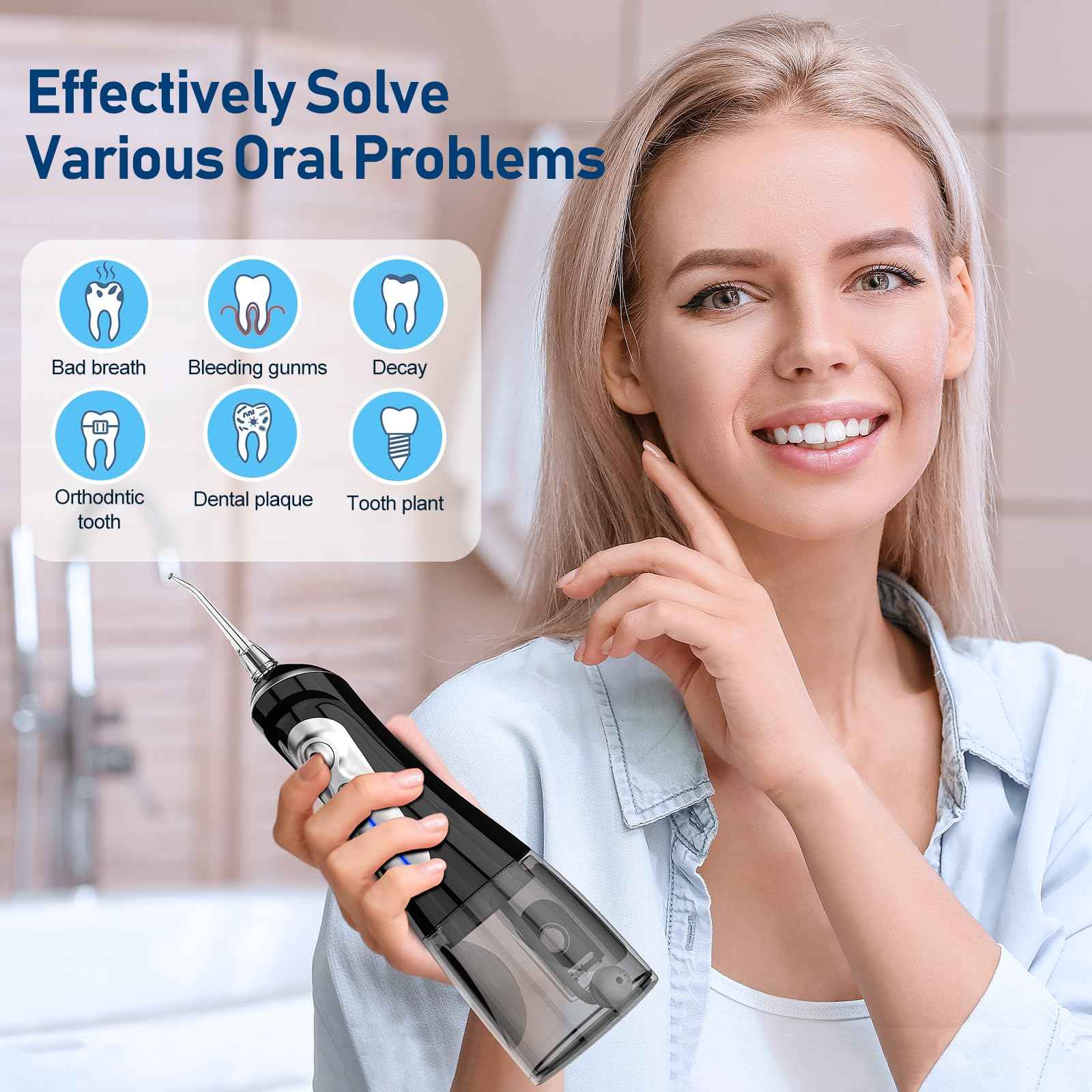 NBGRLVS Water Dental Flosser Cordless for Teeth Pick Cleaning - Powerful Oral Irrigator with 6 Adjustable Modes,320ML Portable & Rechargeable IPX7 Waterproof Cleaner Picks for Home Travel (Black)