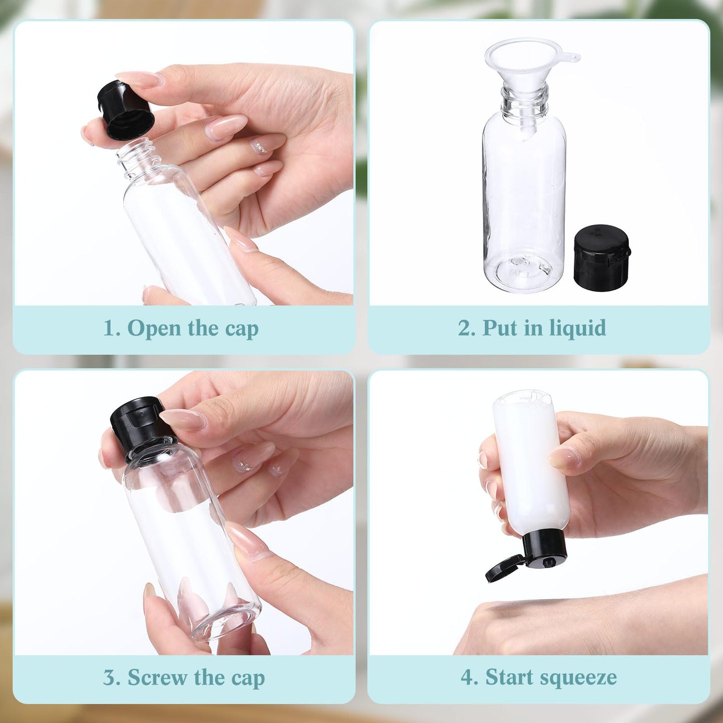 Mifoci 100 Pcs Small Plastic Bottles with Caps 2 oz Clear Empty Squeeze Bottle with Flip Cap Small Refillable Transparent Travel Dispenser Container for Shampoo Lotion Conditioner Liquid Soap