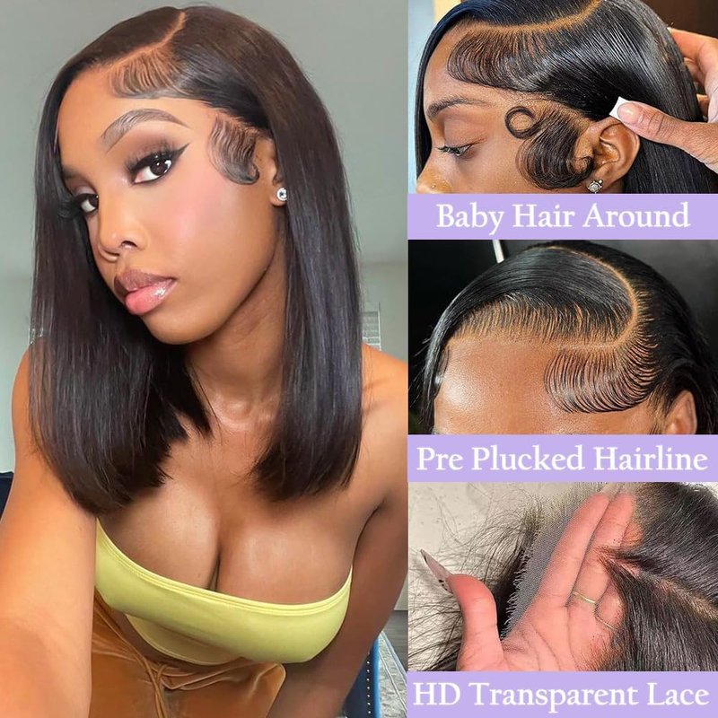 TONGMAY Lace Front Bob Wigs Human Hair 13x4 HD Lace Glueless Bob Wig Human Hair Short Straight Frontal Wigs for Women Pre Plucked with Baby Hair 180% Density Natural Black 14 Inch