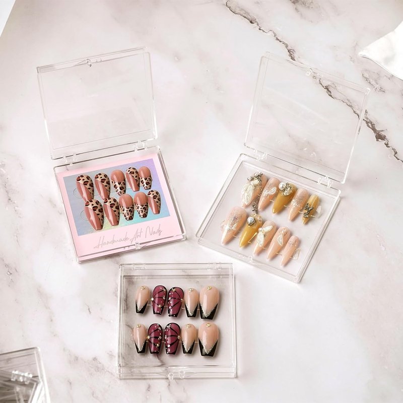 CloudTrip Press-On Nail Packaging Storage Box - 30 Large Acrylic Organizers with 90 Adhesive Tabs | Clear (8 x 8cm)