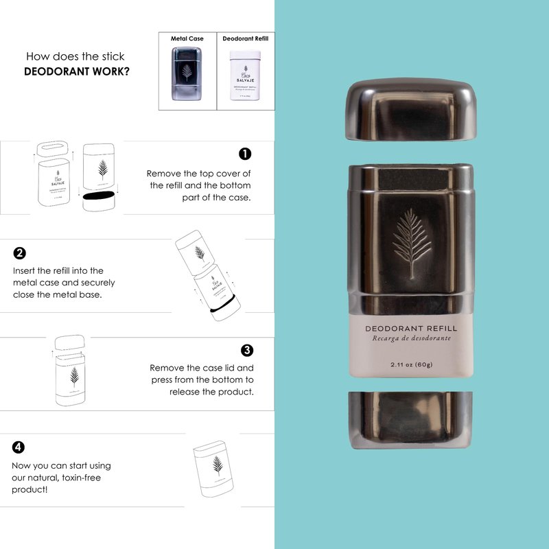 COCO SALVAJE Natural Deodorant Starter Kit for Women & Men | Aluminum Free with Magnesium | Non toxic, Vegan, Hypoallergenic and Pregnancy Safe | 2.11oz Refill & Metal Case (LAS VELAS (Minty))