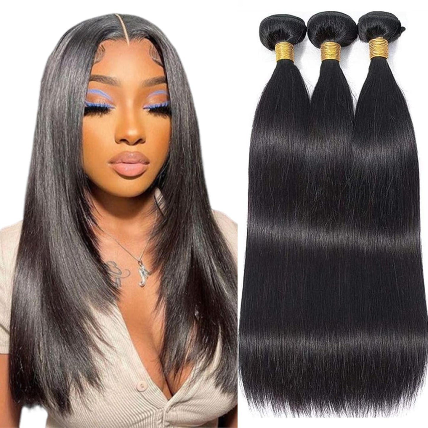 Straight Human Hair Bundles 14 16 18 Inch Trippy Hair Quick Weave 3 Bundles Human Hair 100% Unprocessed Raw Brazilian Virgin Hair Extensions for Black Women Natural Color