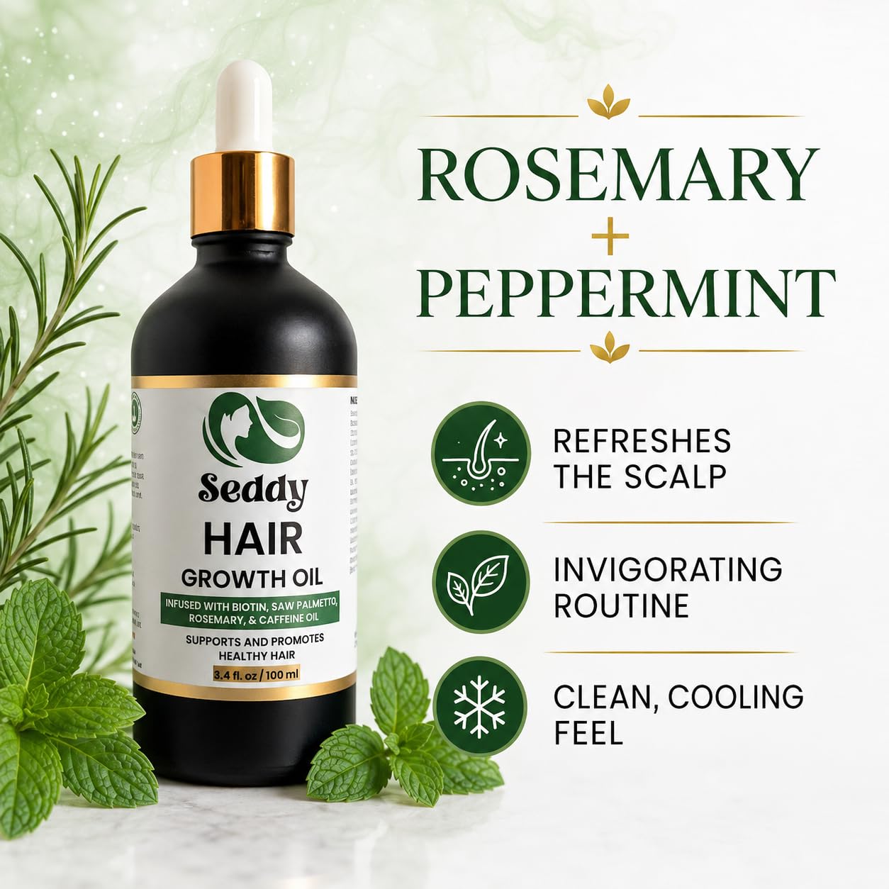Seddy Hair Growth & Strengthening Oil with Caffeine, Rosemary, Castor, Biotin, Peppermint, Argan & Jojoba Oil & Detangling Brush, Painless Curly Hair Care Tool, Frizz-Free, Effortless Detangling