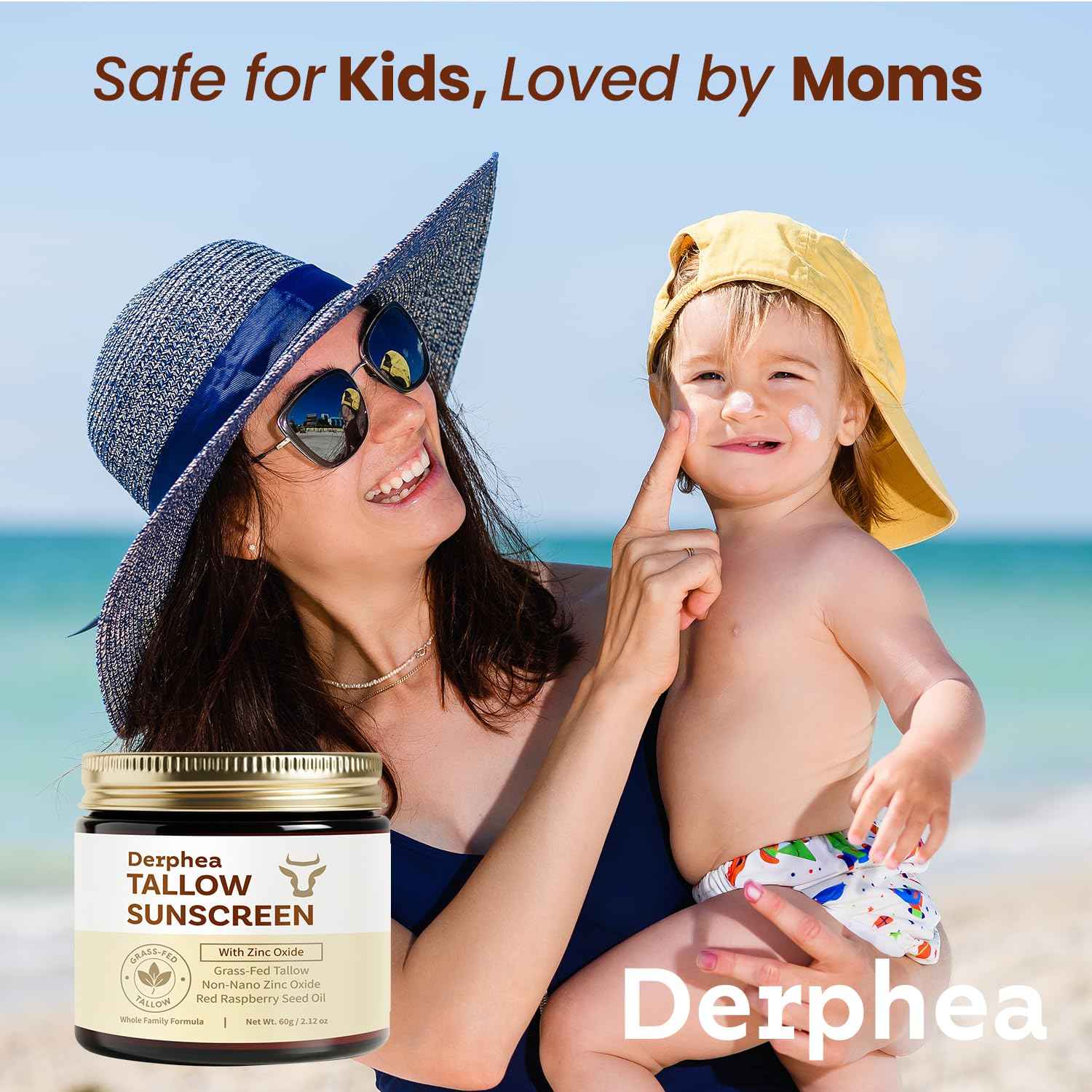 Derphea Natural Beef Tallow Sunscreen – SPF 50 Daily Sun Care for Extremely Sensitive, Acne-Prone & Kid-Safe Skin – Non-Toxic Sunblock with 22% Non-Nano Zinc Oxide, Clean Formula for Face & Body