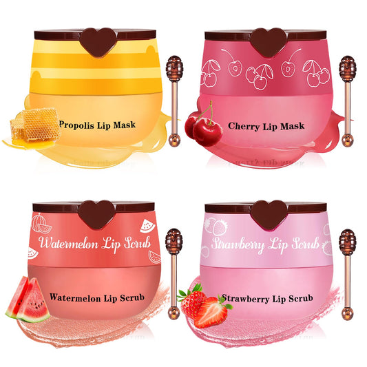 UAOE 4PCS Lip Scrub and Mask Set,Reduce Fine Lines Lips Care Set