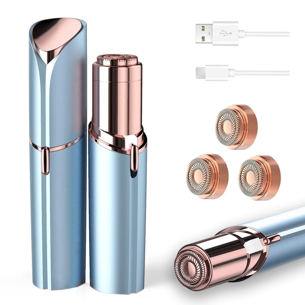 tuokiy Facial Hair Removal for Women, Painless Face Shaver for Womens, Face Razors for Lip, Chin with USB Rechargeable, Blue 3 PCS Heads