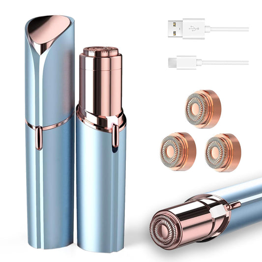 tuokiy Facial Hair Removal for Women, Painless Face Shaver for Womens, Face Razors for Lip, Chin with USB Rechargeable, Blue 3 PCS Heads