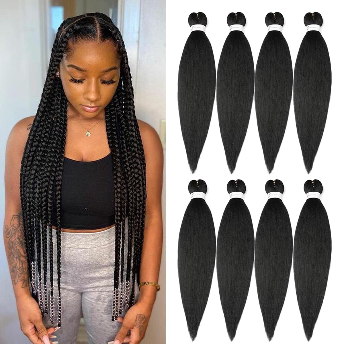 Braiding Hair Pre Stretched 24 inch 8 Packs Natural Black Easy Braid Synthetic Professional Soft Yaki Texture,No Itch, Hot Water Setting Hair Extensions for Braids (24in,1B#)