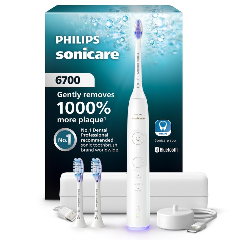 Philips Sonicare 6700 Series Electric Toothbrush, Pressure Sensor, 9 Brushing Settings, SmarTimer, BrushPacer, 21-Day Runtime, Travel Case, for Gum Health & Sensitive Teeth, White, HX7410/07